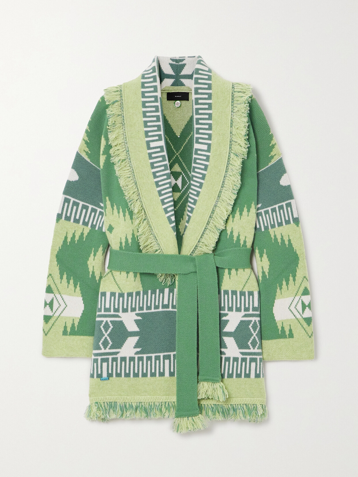 Shop Alanui Icon Belted Fringed Jacquard-knit Cashmere Cardigan In Green