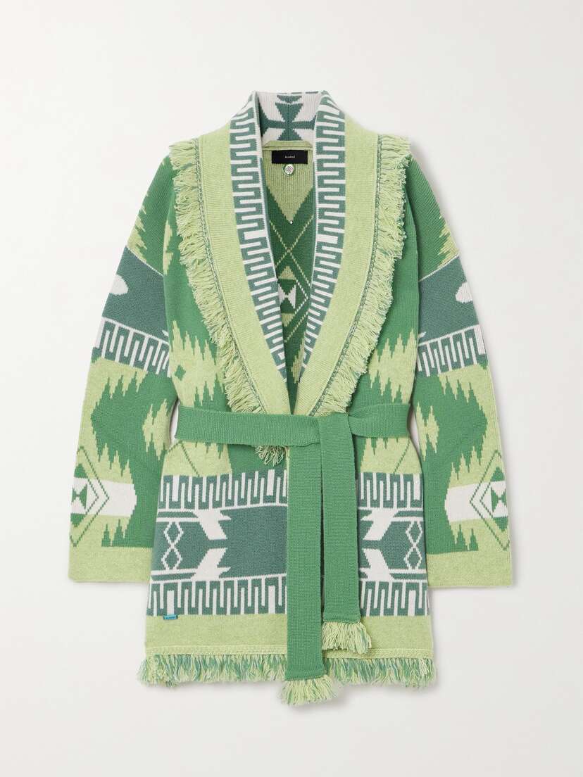 Alanui Icon Belted Fringed Jacquard-knit Cashmere Cardigan - x large