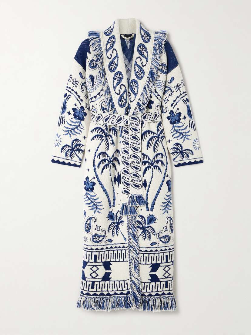 Alanui Lush Nature Belted Fringed Jacquard-knit Cotton And Wool-blend Cardigan