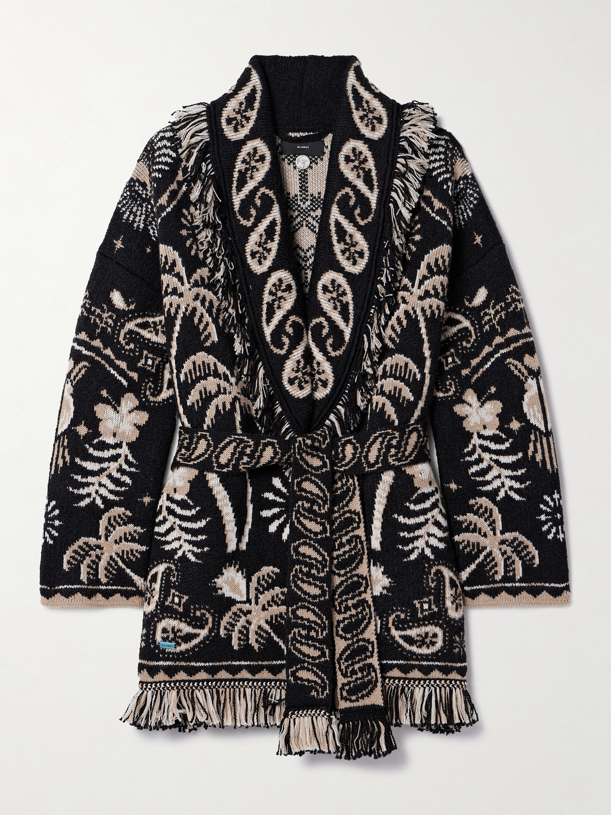 Shop Alanui Lush Nature Belted Fringed Jacquard-knit Cotton And Wool-blend Cardigan In Black