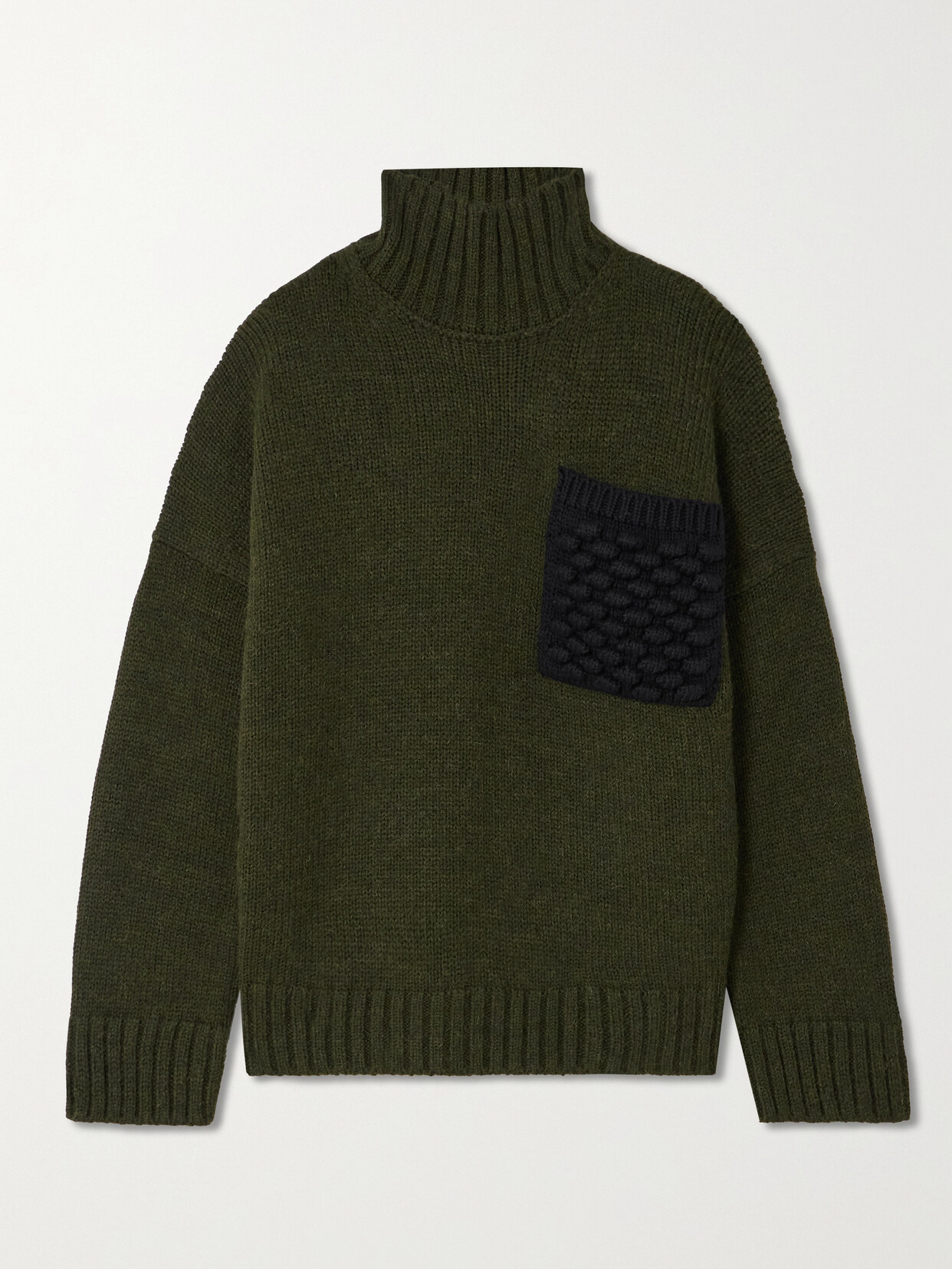 Jw Anderson Oversized Cotton-paneled Knitted Turtleneck Sweater In Green