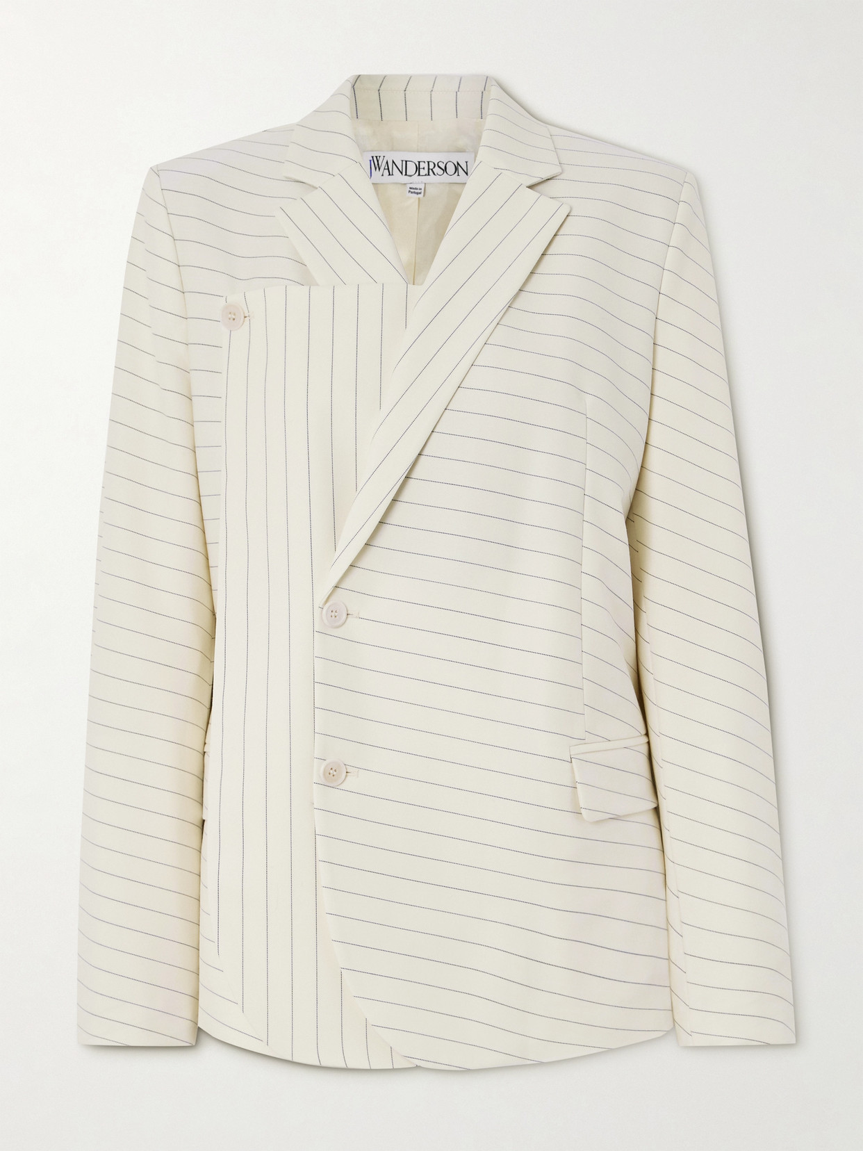 Shop Jw Anderson Paneled Striped Wool-blend Drill Blazer In White