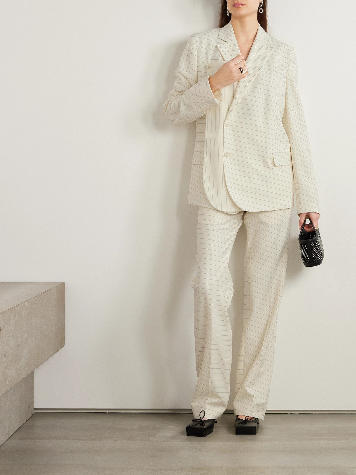 Shop Jw Anderson Paneled Striped Wool-blend Drill Blazer In White