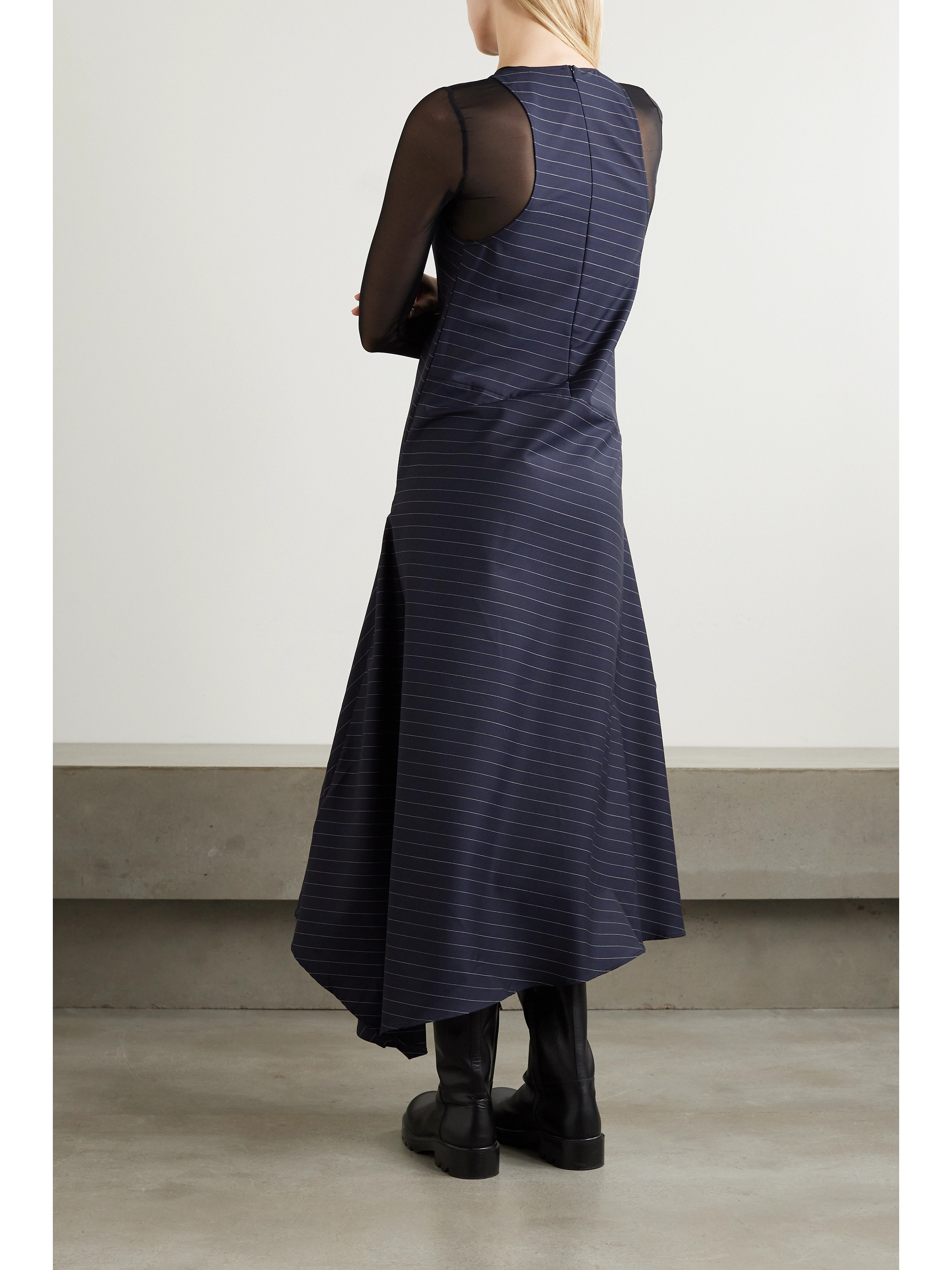Jw Anderson Asymmetric paneled pinstriped wool-blend twill midi dress thumbnail