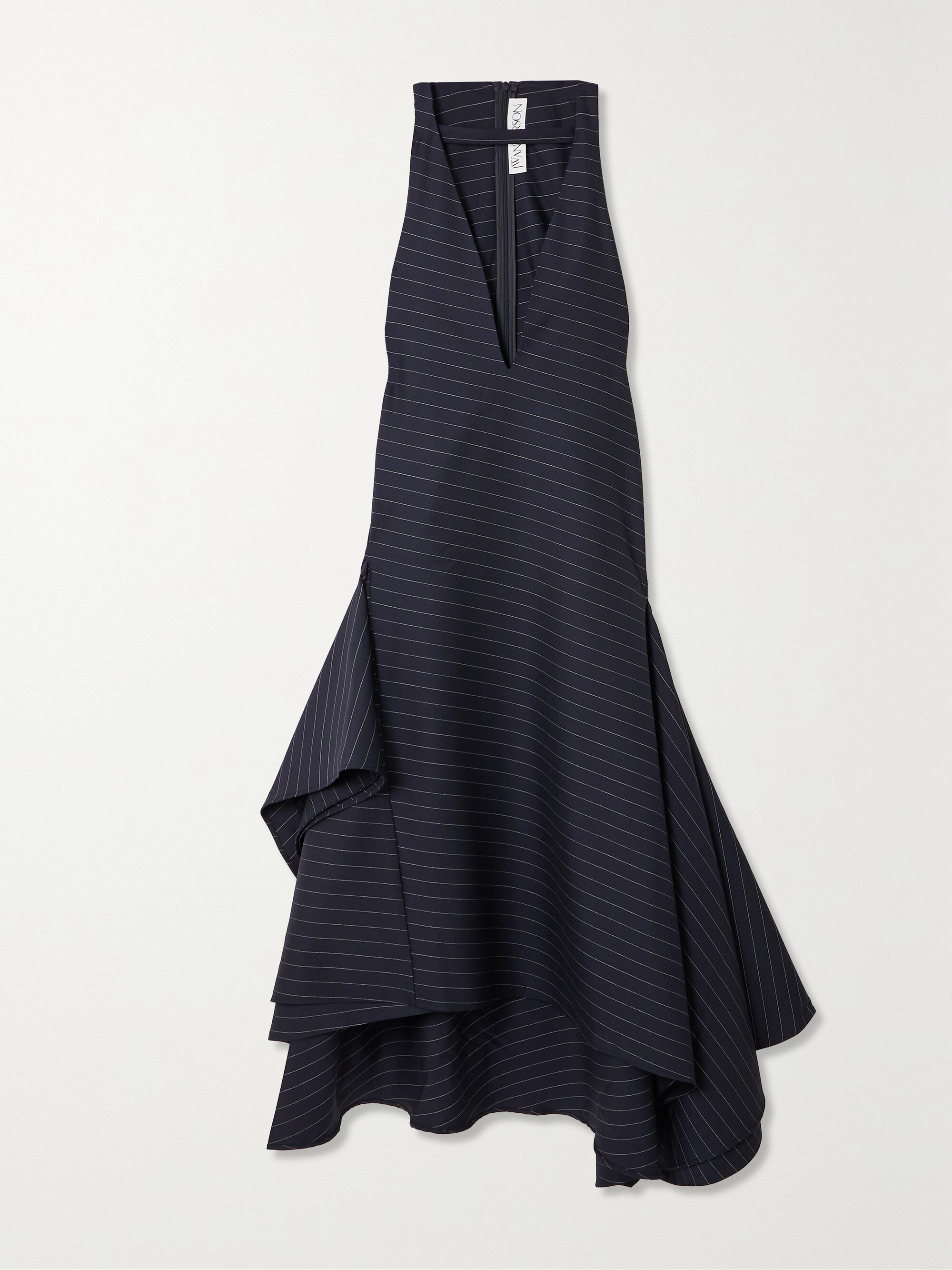 Jw Anderson Asymmetric paneled pinstriped wool-blend twill midi dress thumbnail