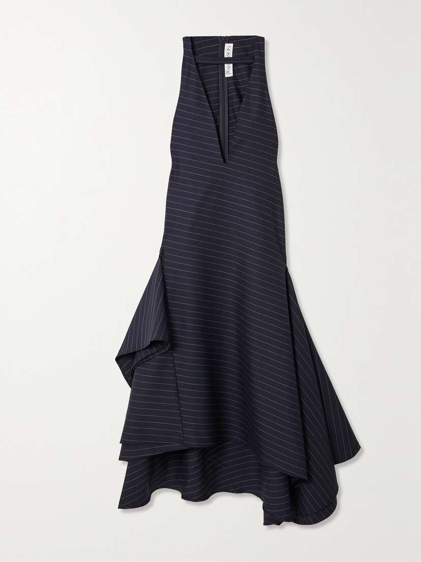 JW Anderson Asymmetric Paneled Pinstriped Wool-blend Twill Midi Dress