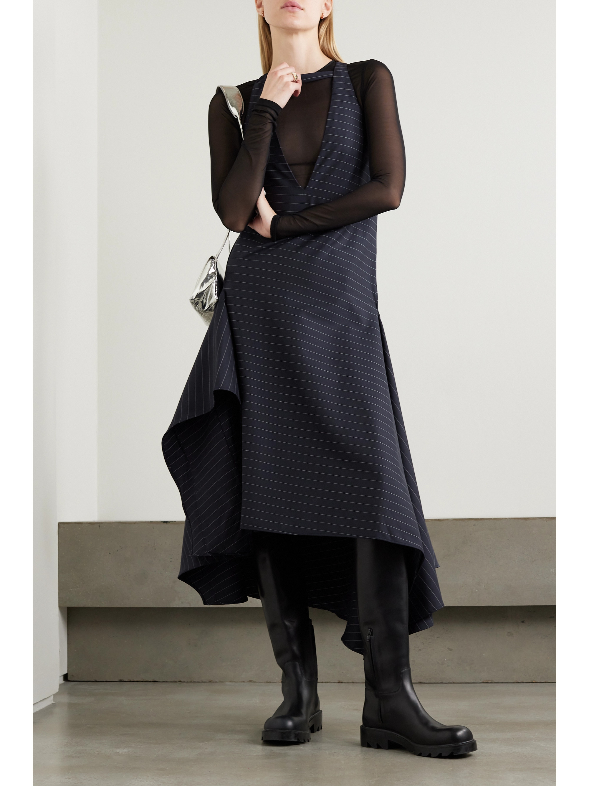 Jw Anderson Asymmetric paneled pinstriped wool-blend twill midi dress