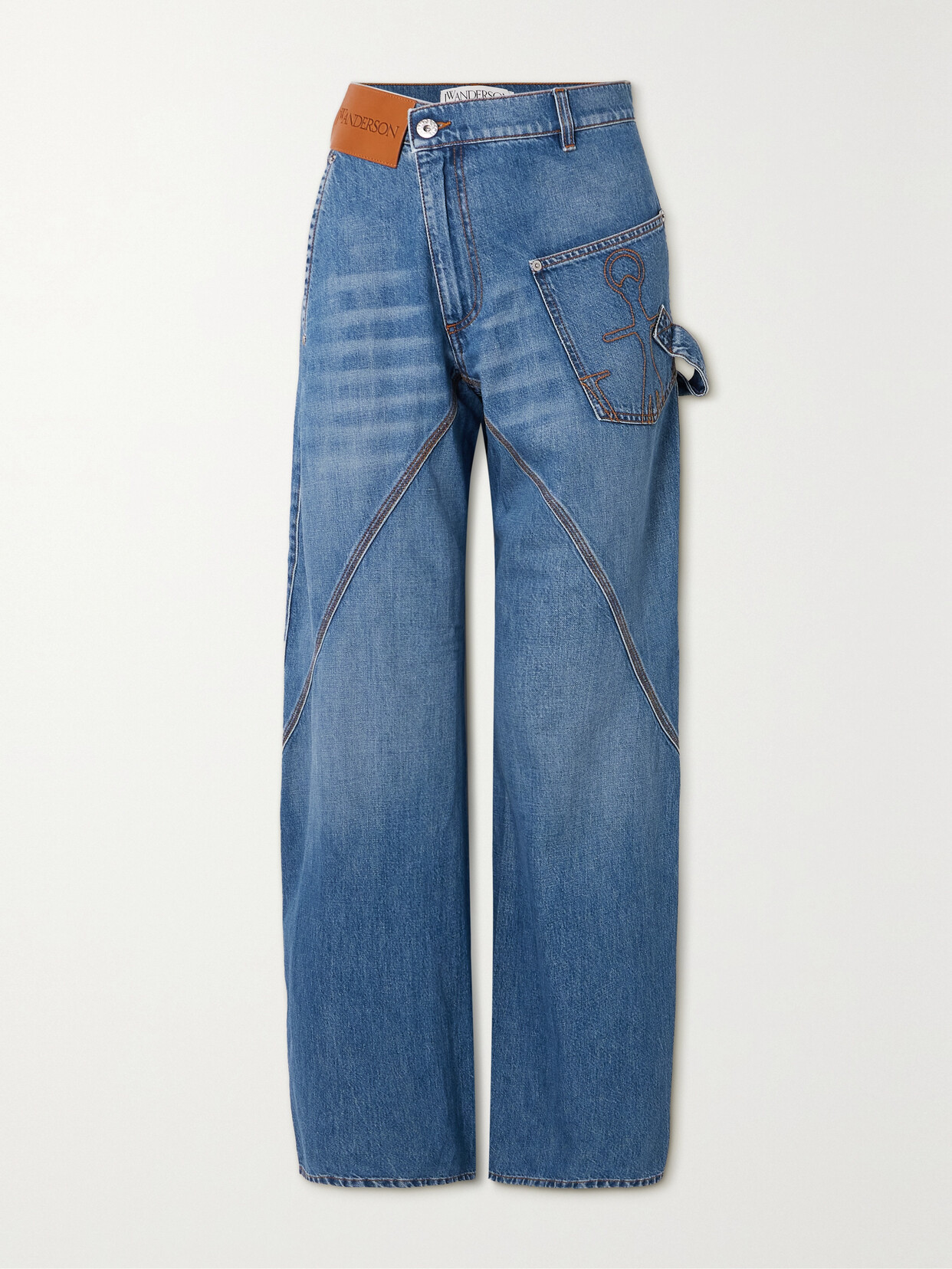 Jw Anderson Twisted Paneled Embroidered High-rise Jeans In Blue