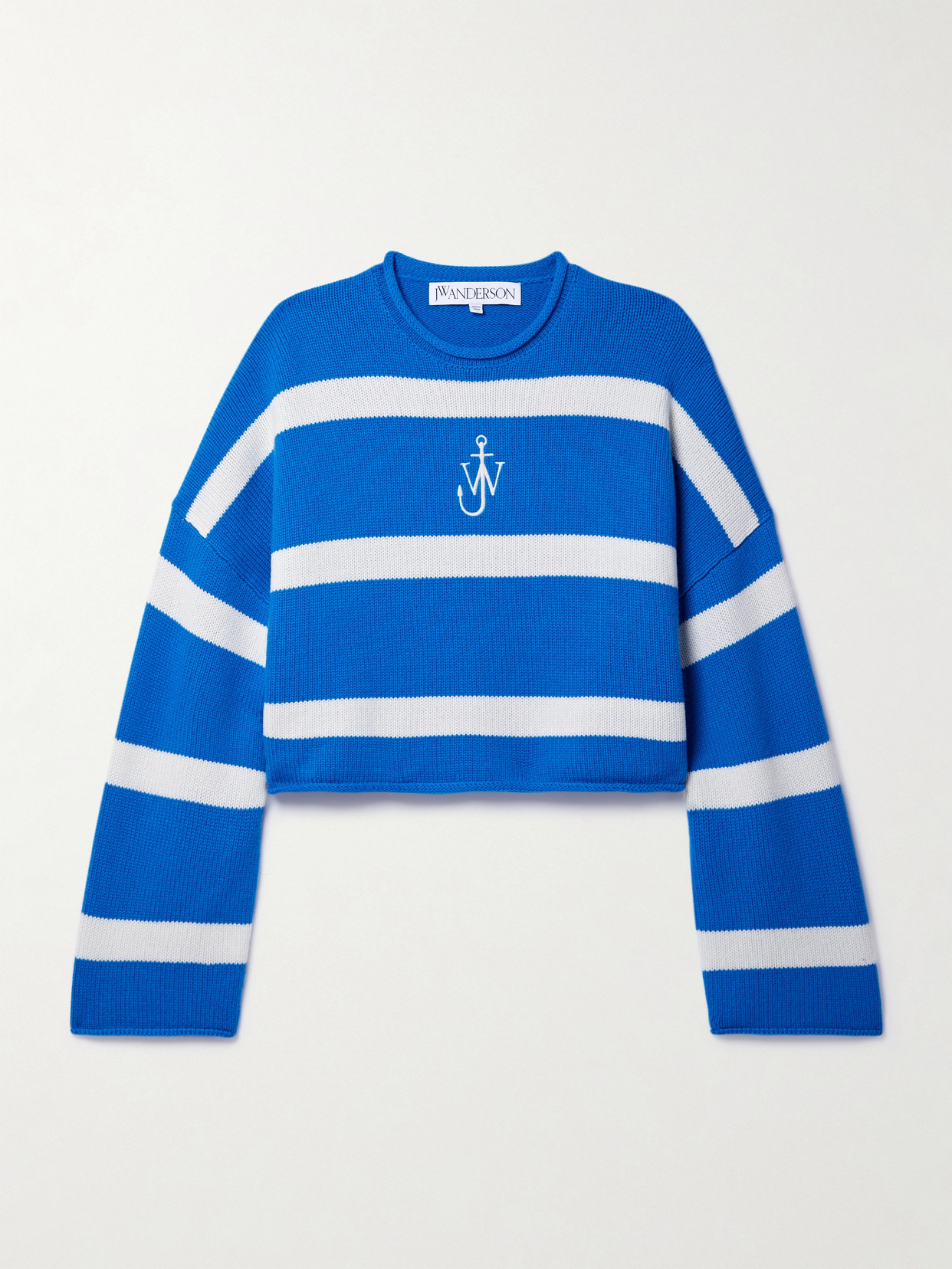 Shop Jw Anderson Embroidered Striped Wool And Cashmere-blend Sweater In Blue