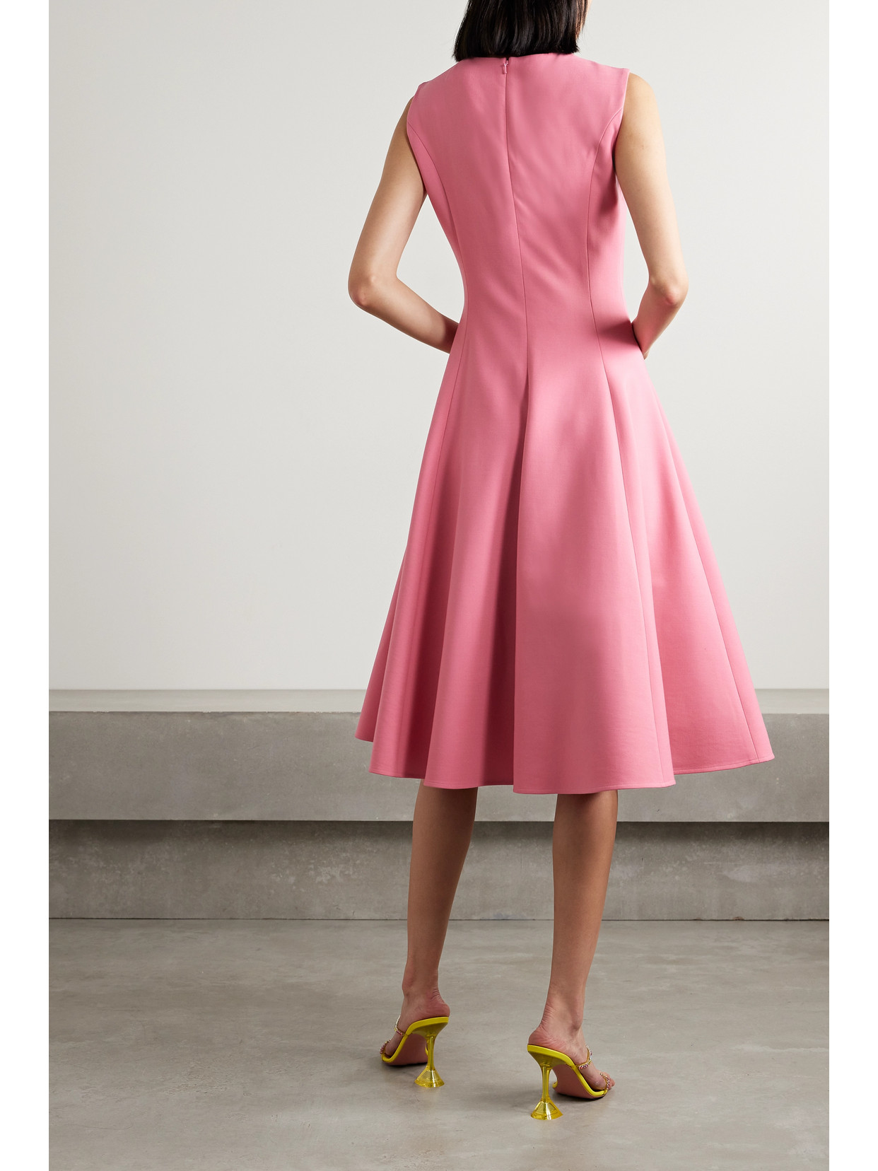 Shop Oscar De La Renta Camellia Appliquéd Wool-blend Crepe Midi Dress In Pink