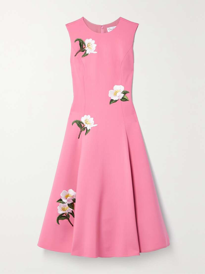 Oscar de la Renta Camellia Appliquéd Wool-blend Crepe Midi Dress