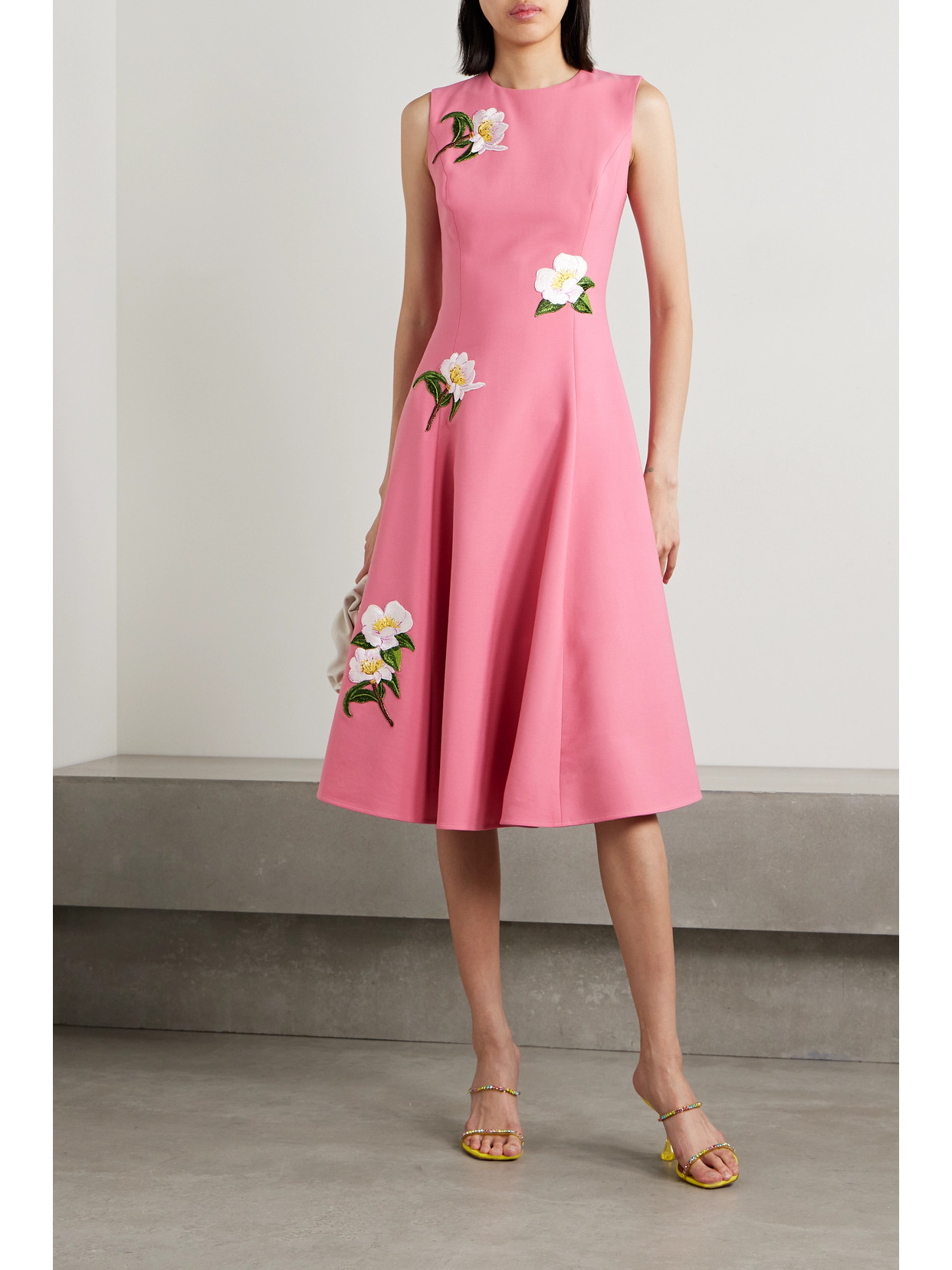 Shop Oscar De La Renta Camellia Appliquéd Wool-blend Crepe Midi Dress In Pink