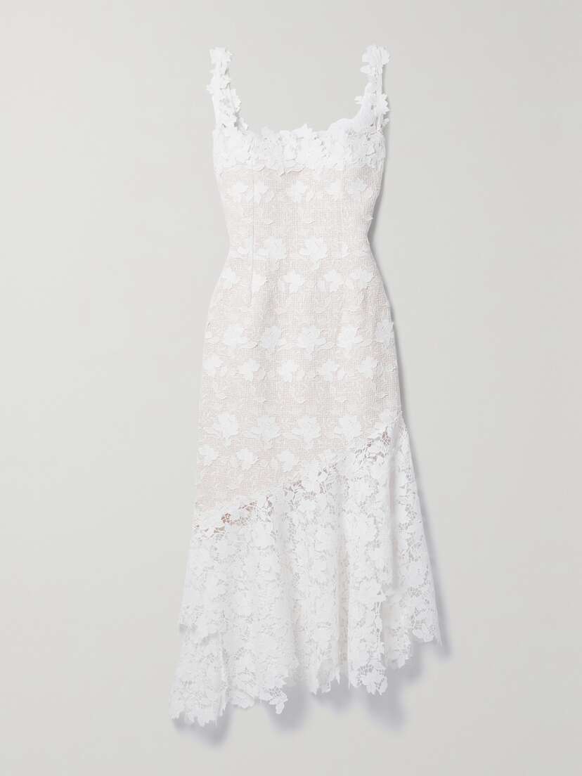 Oscar de la Renta Asymmetric Guipure Lace-trimmed Appliquéd Tweed Midi Dress