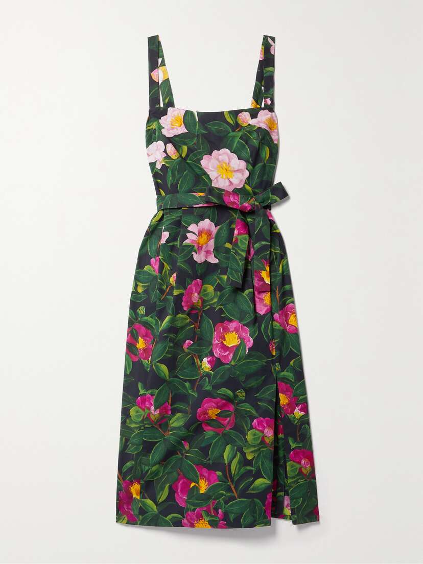 Oscar de la Renta Belted Floral-print Cotton-poplin Midi Dress