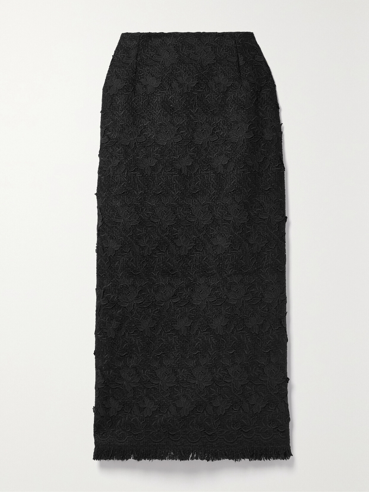 Oscar De La Renta Gardenia Guipure-lace Tweed Midi Pencil Skirt In Black