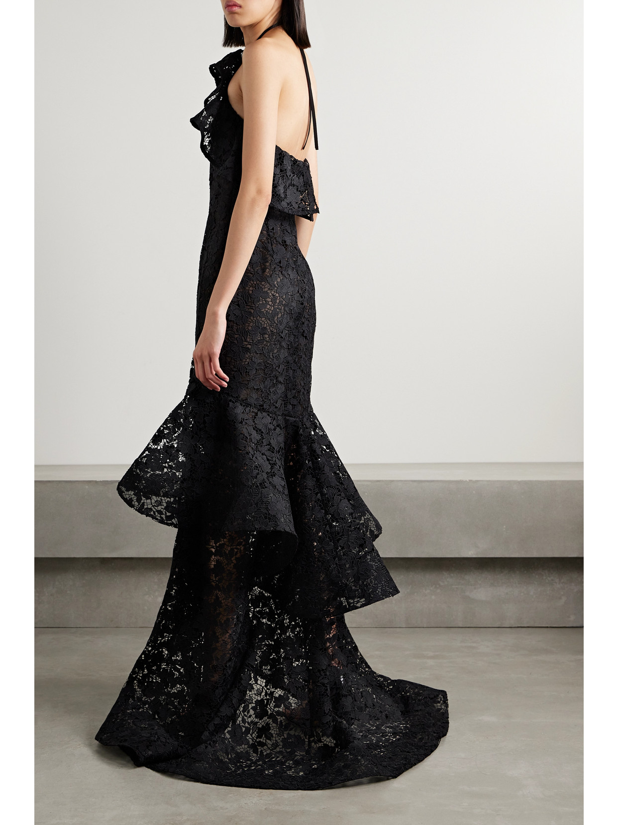 Shop Oscar De La Renta Ruffled Guipure Lace Halterneck Gown In Black