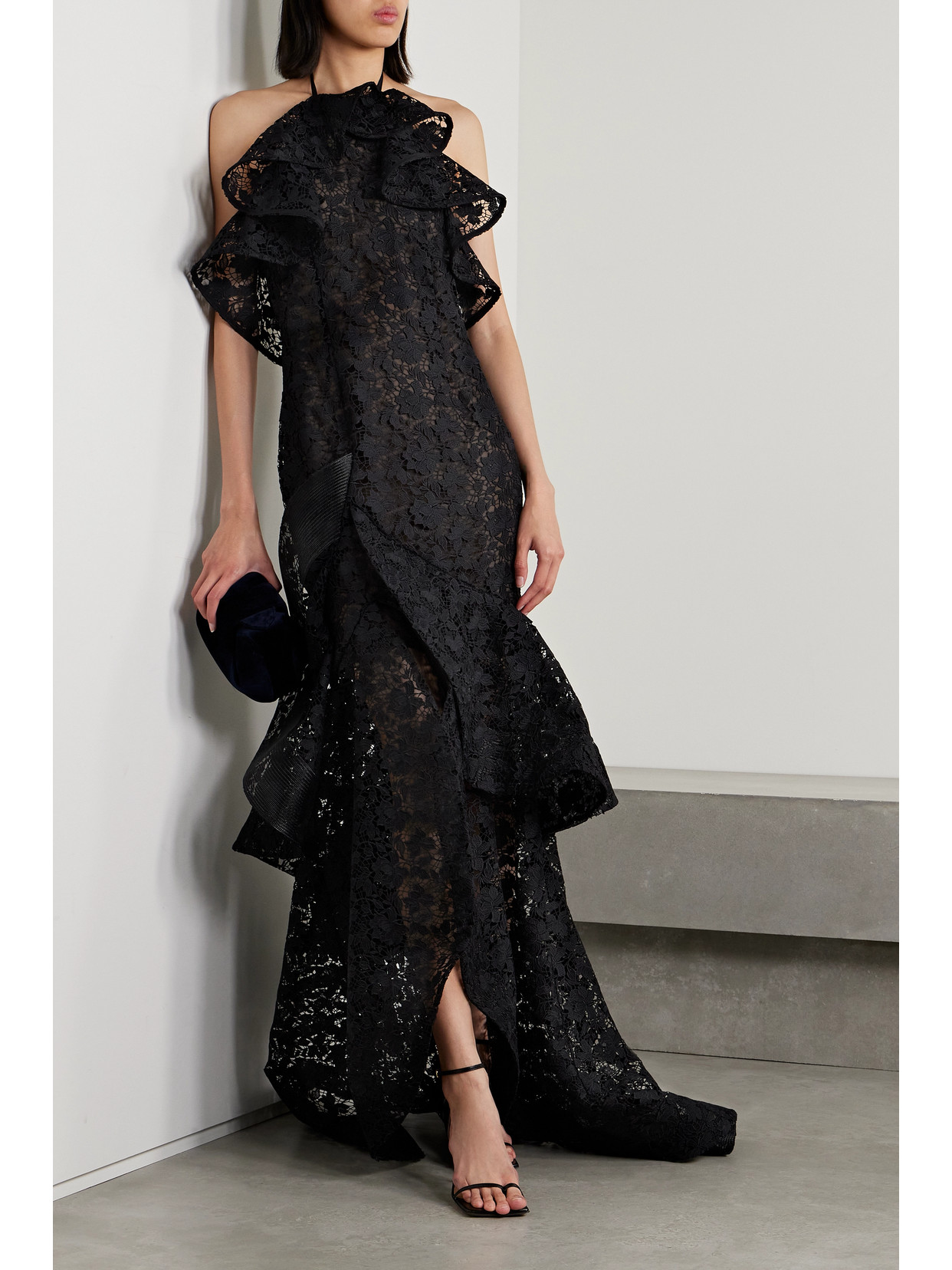 Shop Oscar De La Renta Ruffled Guipure Lace Halterneck Gown In Black