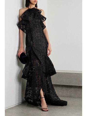 Oscar de la Renta Ruffled guipure lace halterneck gown
