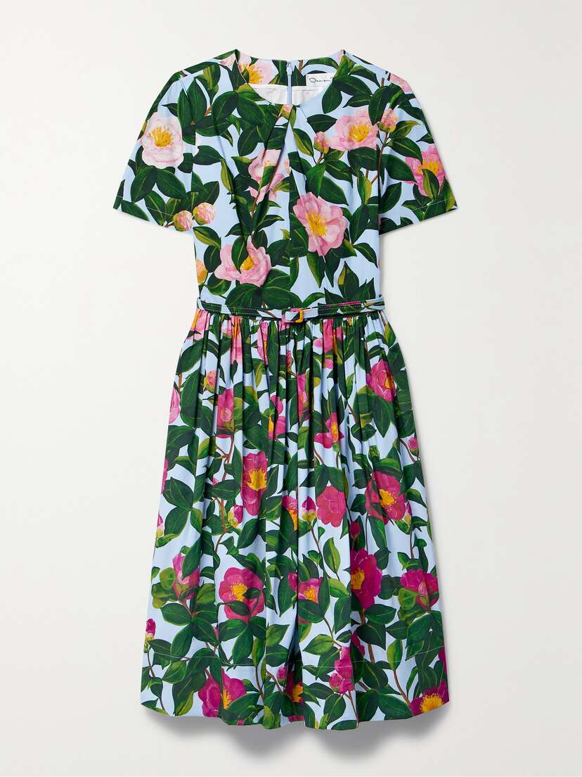 Oscar de la Renta Belted Floral-print Cotton-blend Poplin Dress