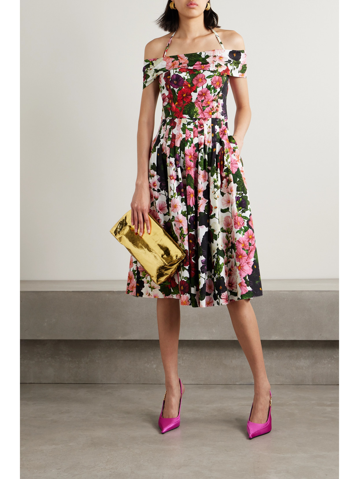 Shop Oscar De La Renta Off-the-shoulder Pleated Floral-print Cotton-blend Poplin Dress In Multi