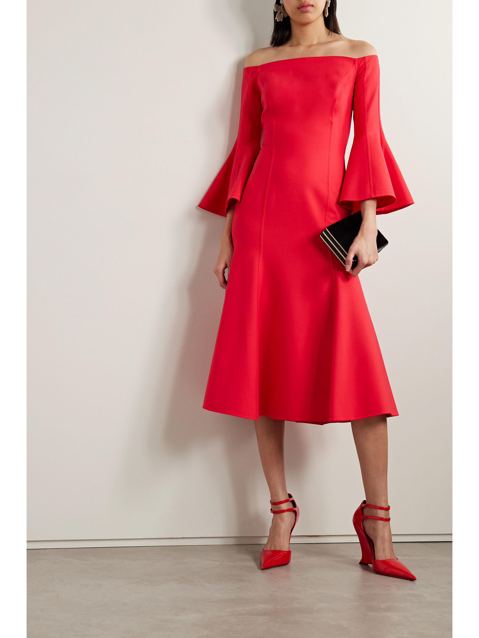 Oscar de la Renta Off-the-shoulder wool-blend midi dress