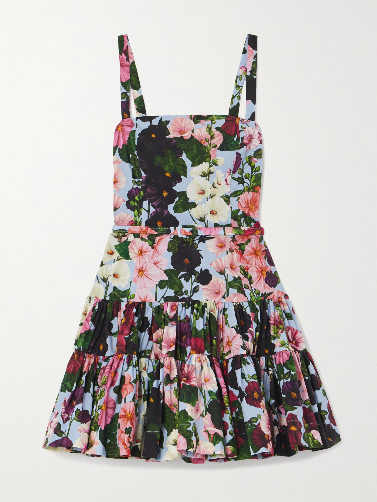 Oscar de la Renta Hollyhocks Belted Floral-print Cotton Poplin Mini Dress - Multi