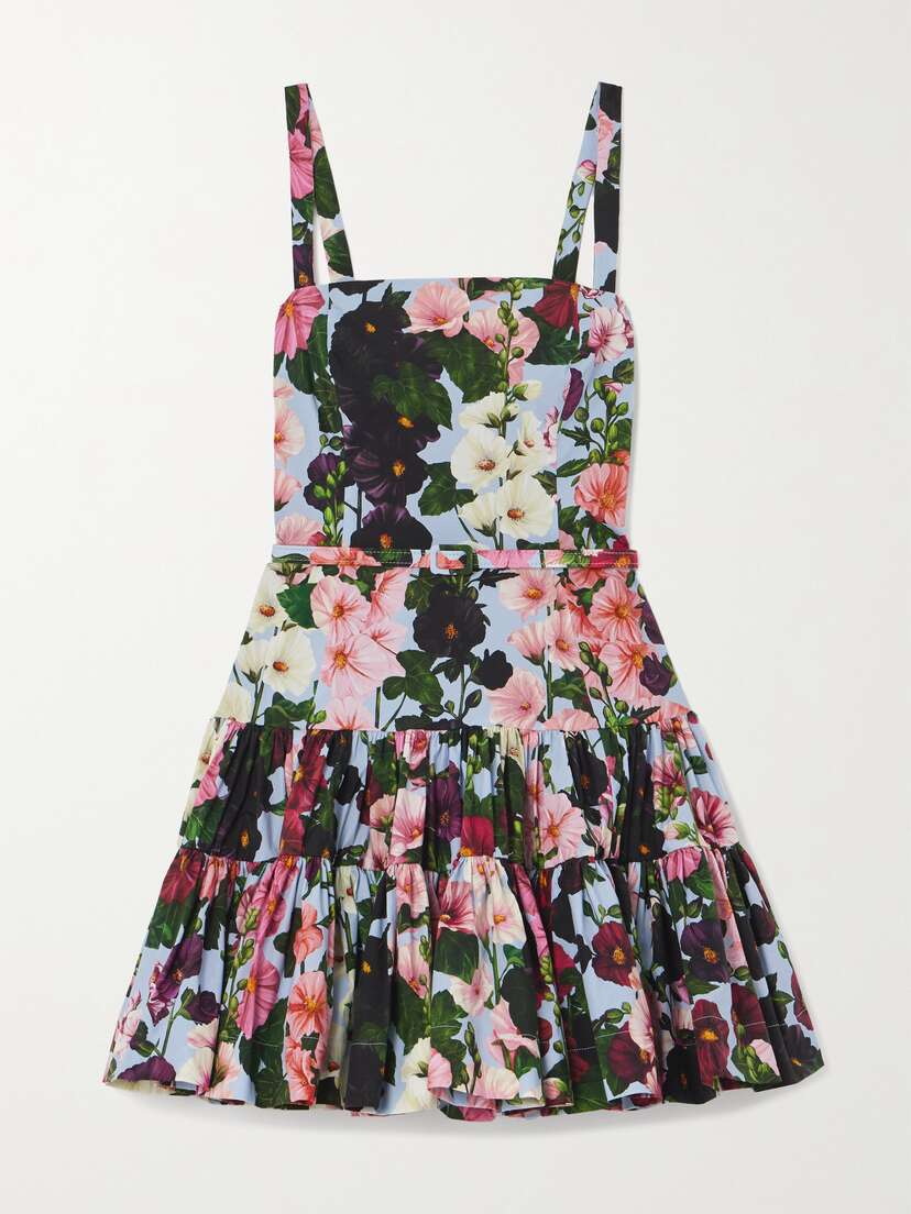 Oscar de la Renta Hollyhocks Belted Floral-print Cotton Poplin Mini Dress