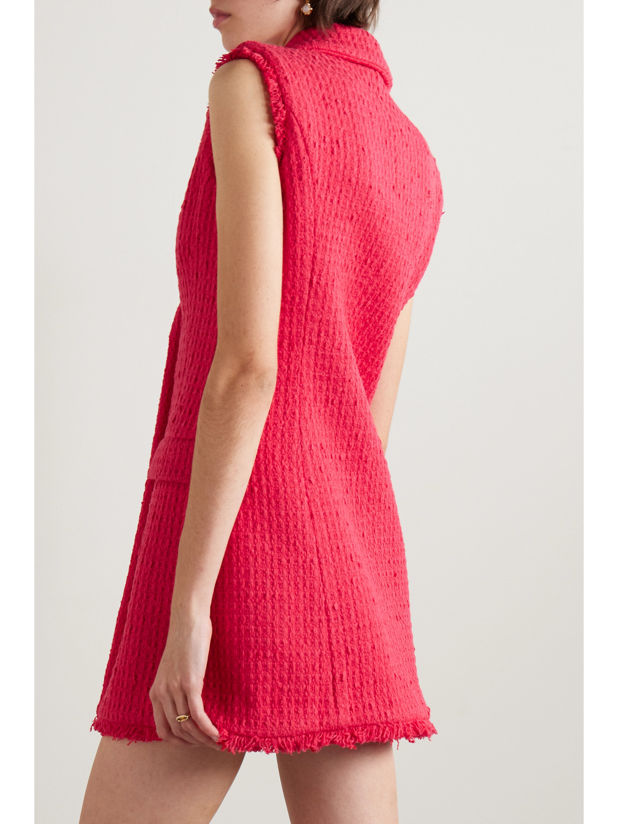 Oscar De La Renta Button-embellished Frayed Wool-blend Tweed Mini Dress In Red