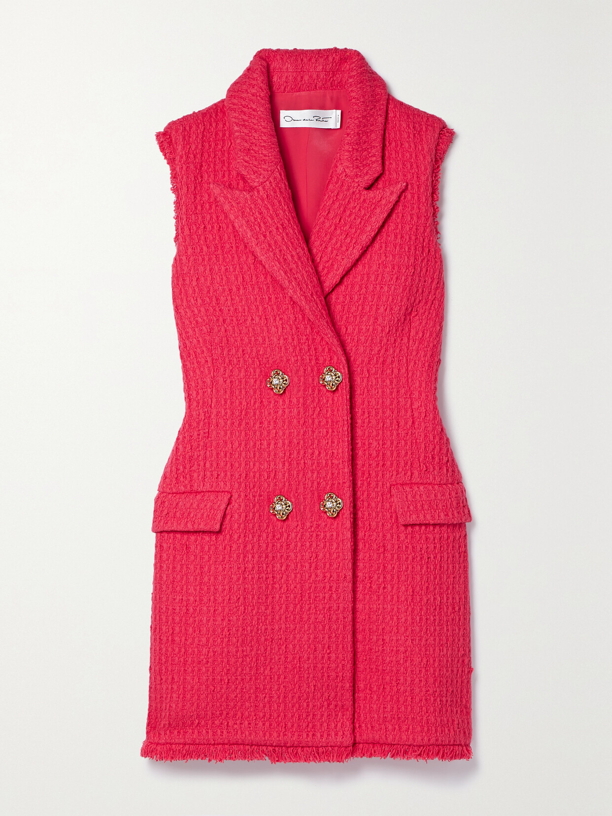 Oscar de la Renta - Button-embellished Frayed Wool-blend Tweed Mini Dress - Red