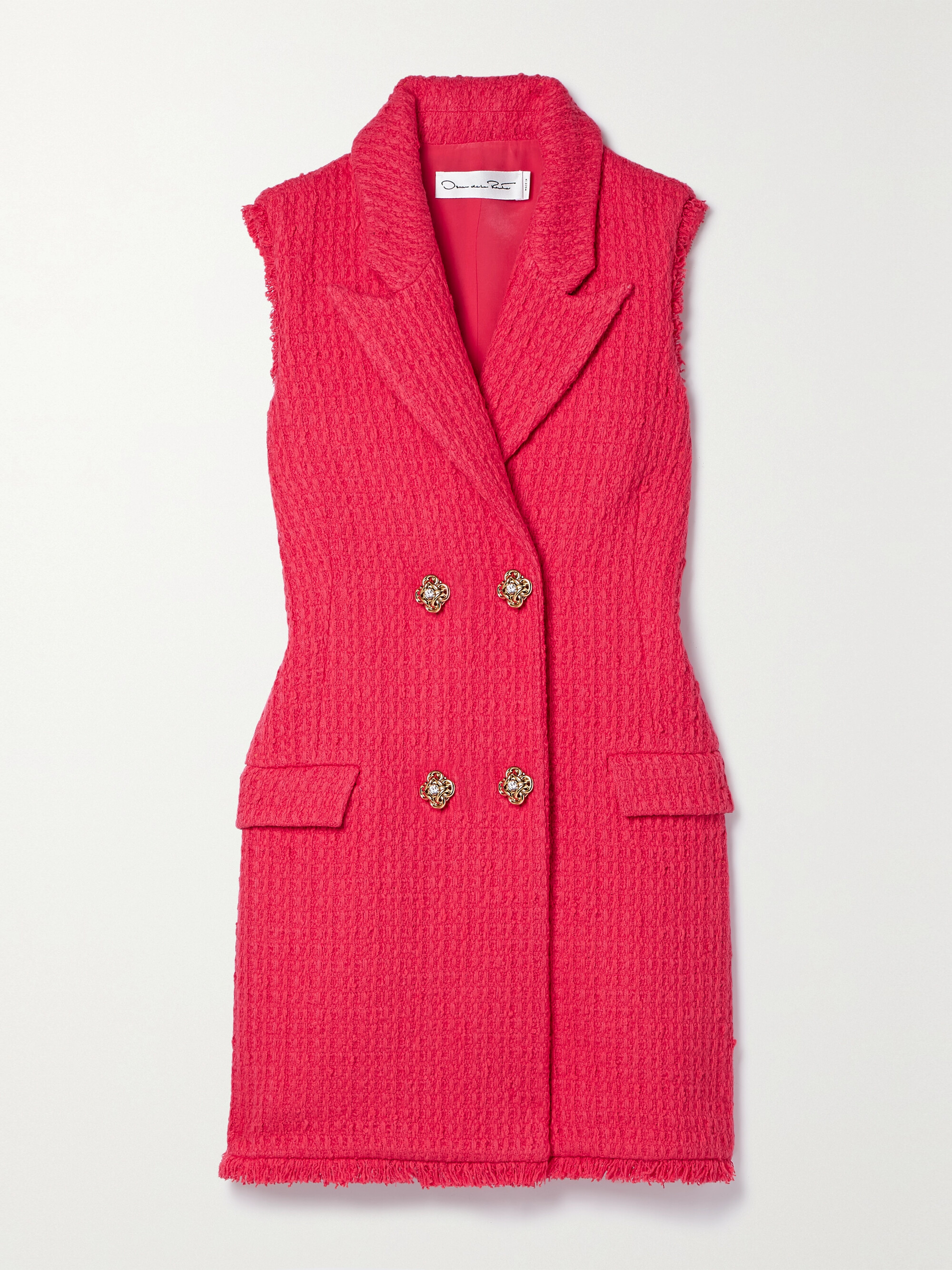 Oscar de la Renta Button-embellished frayed wool-blend tweed mini dress