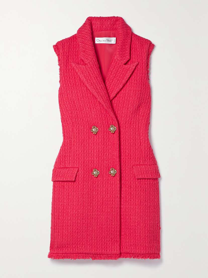 Oscar de la Renta Button-embellished Frayed Wool-blend Tweed Mini Dress