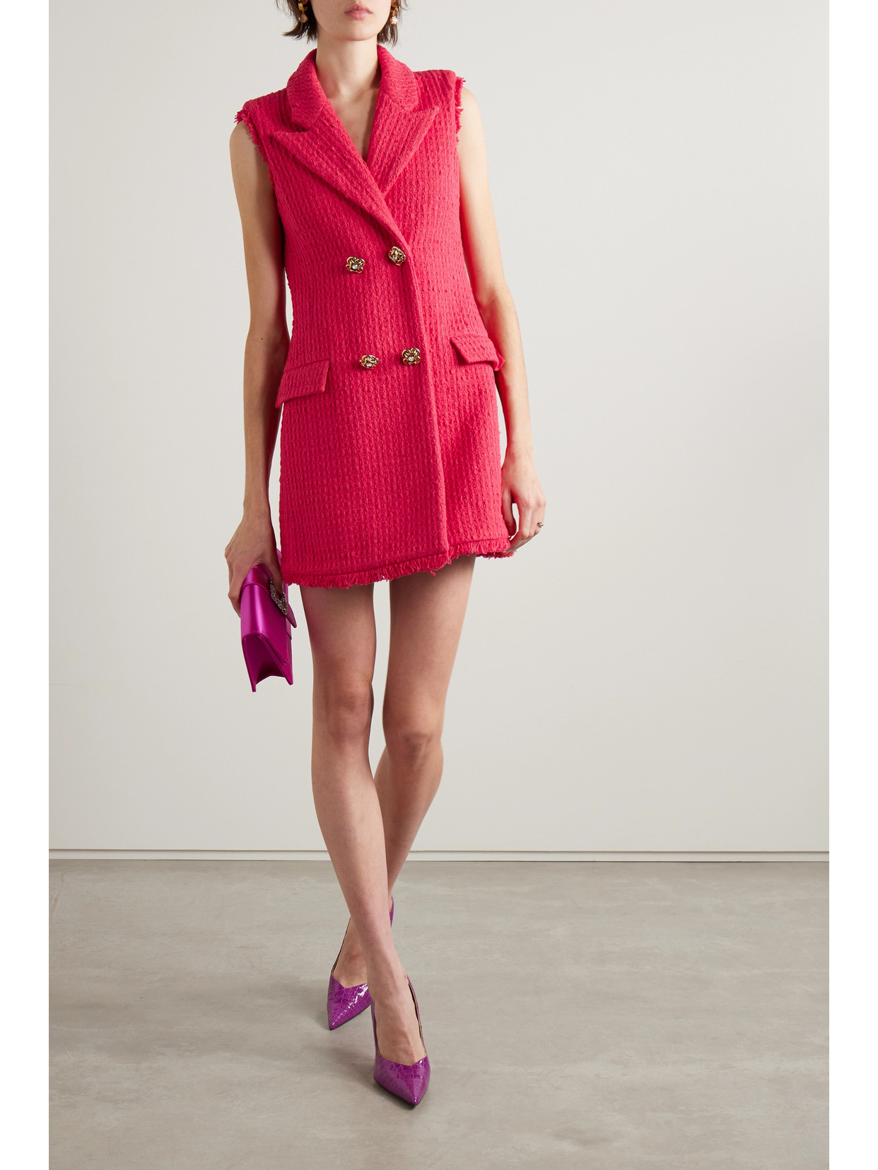 Oscar De La Renta Button-embellished Frayed Wool-blend Tweed Mini Dress In Red