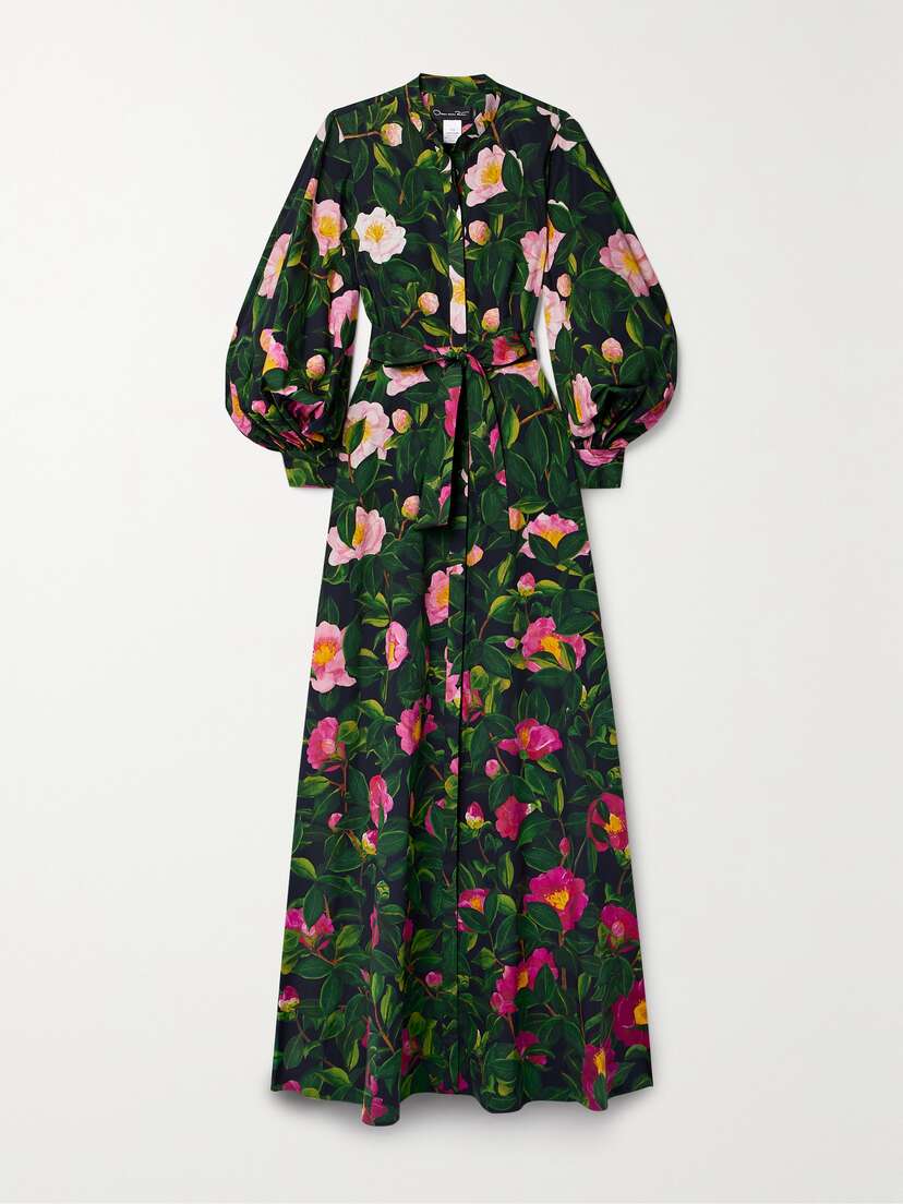 Oscar de la Renta Belted Floral-print Stretch Cotton-poplin Maxi Dress - x large