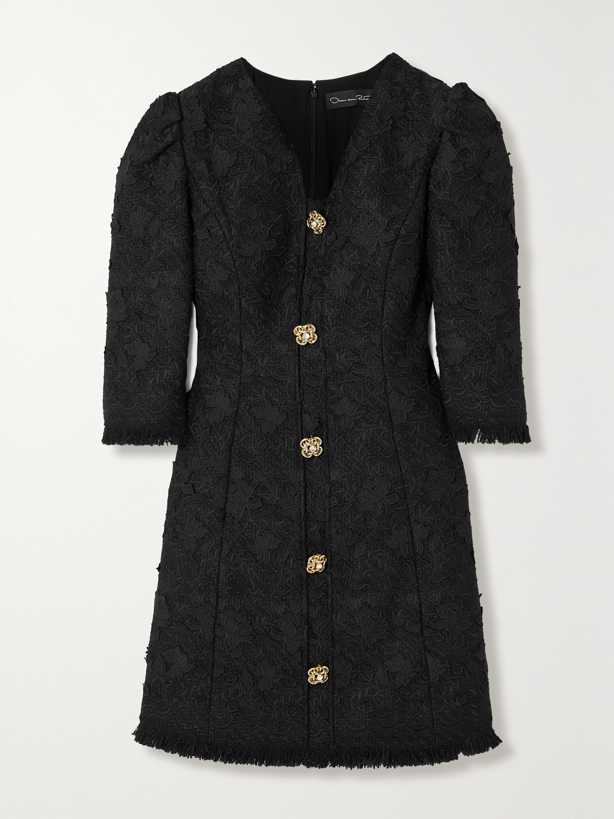 Oscar de la Renta Gardenia button-embellished embroidered tweed mini dress