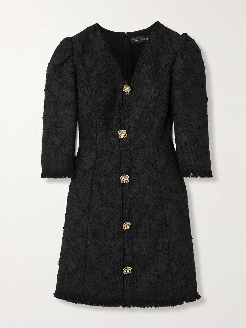 Oscar de la Renta Gardenia Button-embellished Embroidered Tweed Mini Dress