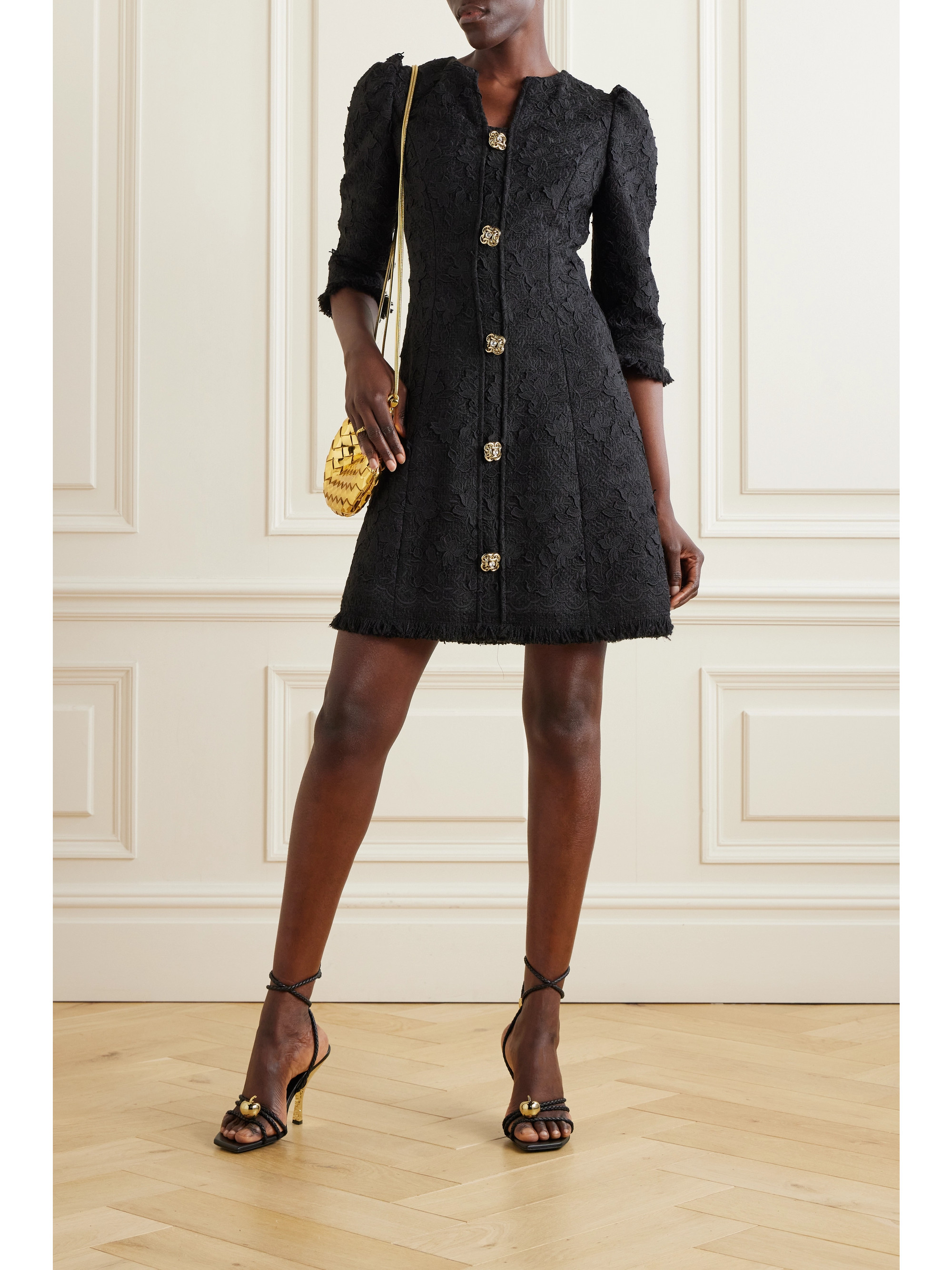 Oscar de la Renta Gardenia button-embellished embroidered tweed mini dress