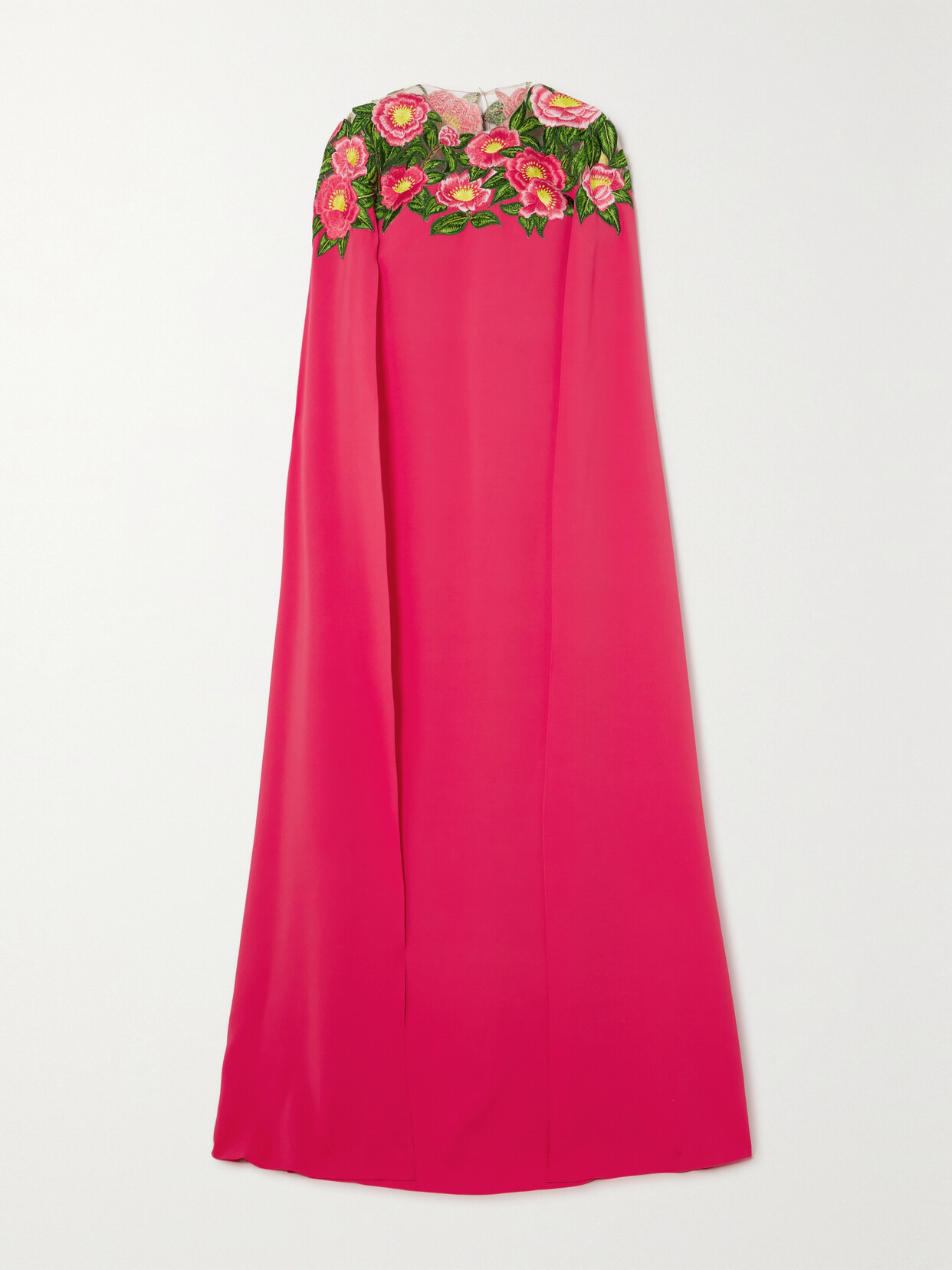 Oscar De La Renta Camellia Cape-effect Appliquéd Tulle-trimmed Stretch-silk Gown In Red