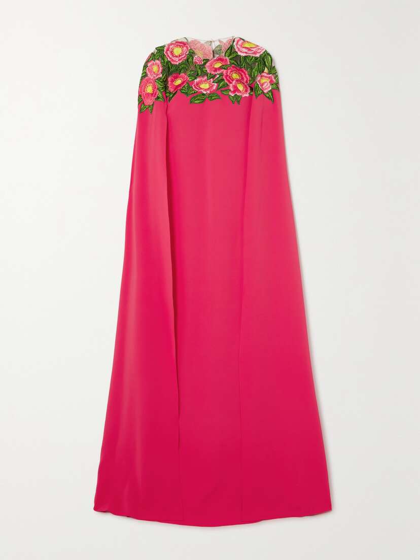 Oscar de la Renta Camellia Cape-effect Appliquéd Tulle-trimmed Stretch-silk Gown