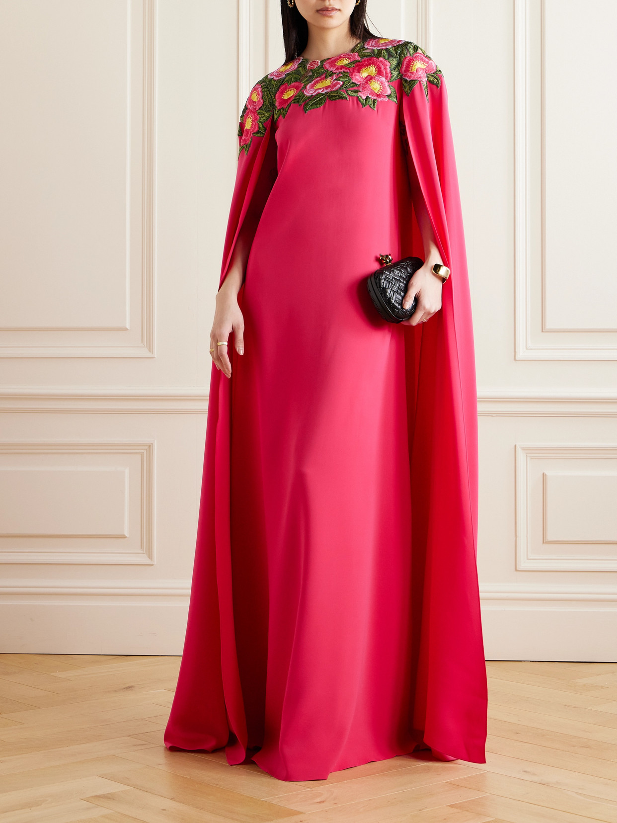 Oscar De La Renta Camellia Cape-effect Appliquéd Tulle-trimmed Stretch-silk Gown In Red