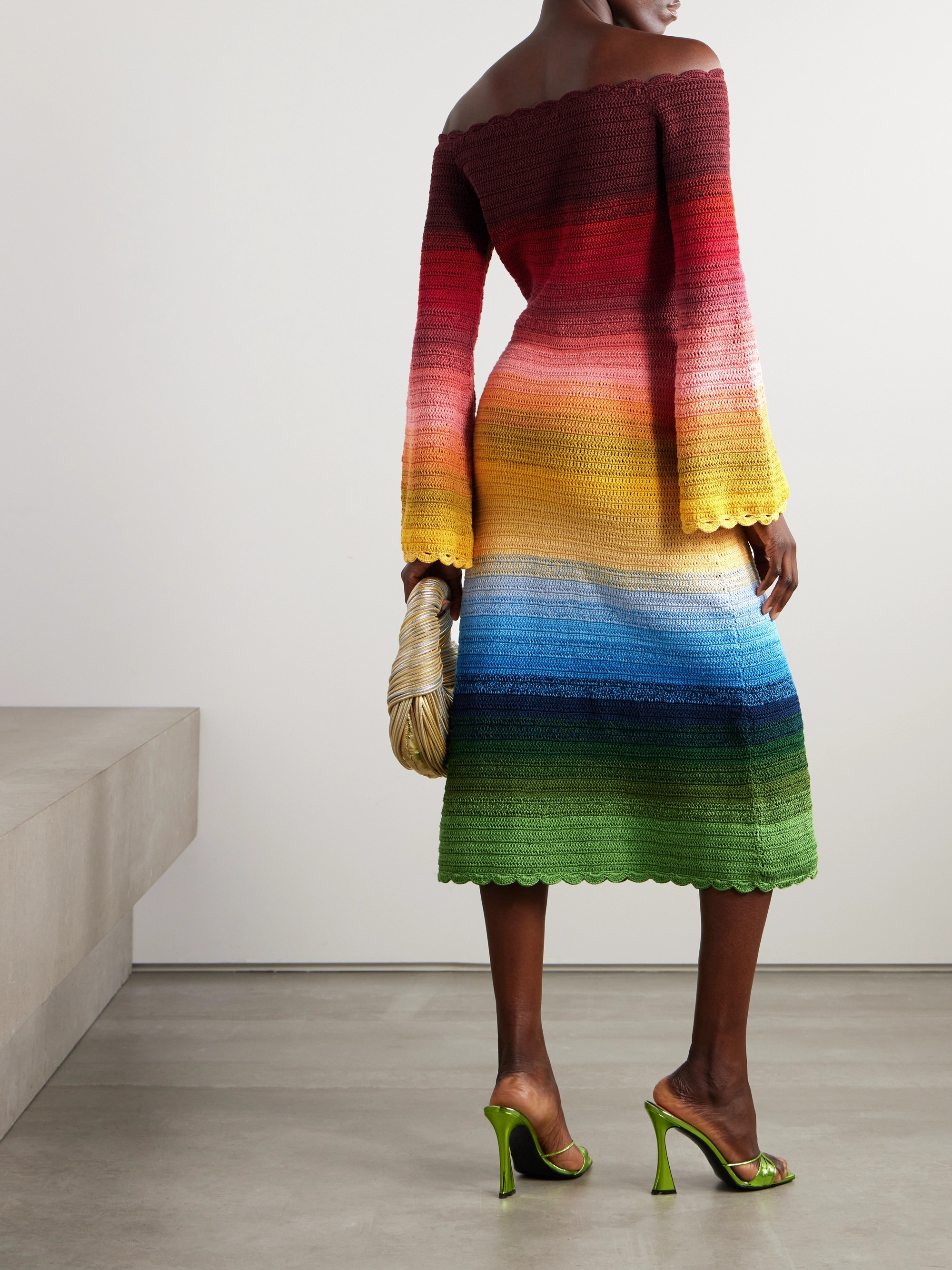 Oscar de la Renta Off-the-shoulder striped crocheted cotton midi dress