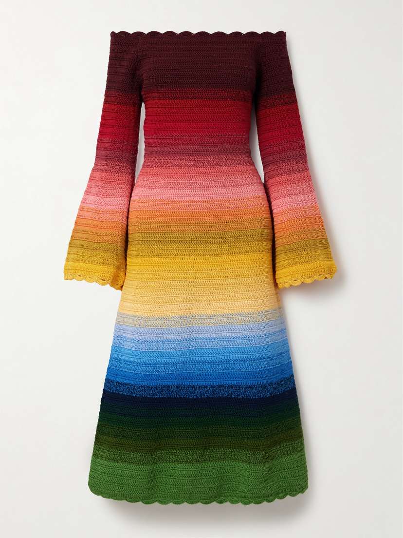 Oscar de la Renta Off-the-shoulder Striped Crocheted Cotton Midi Dress