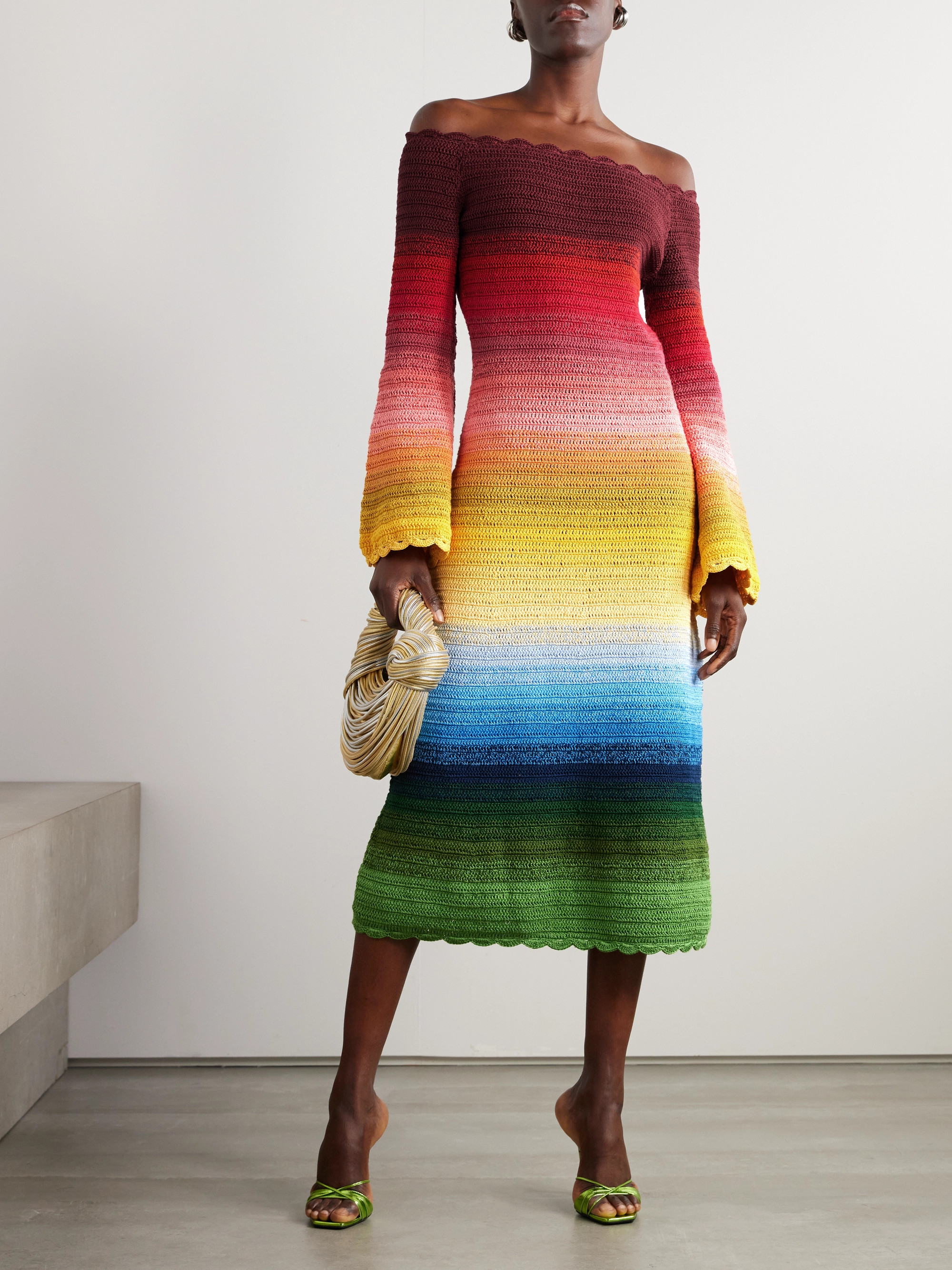 Oscar de la Renta Off-the-shoulder striped crocheted cotton midi dress