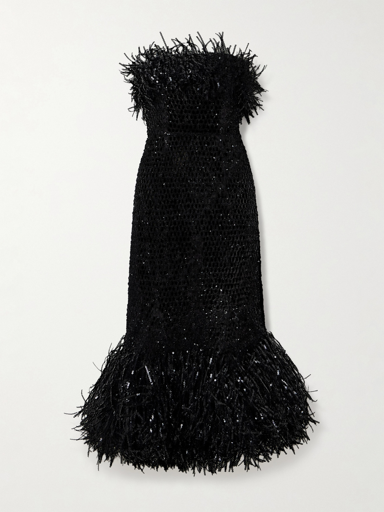 Oscar De La Renta Strapless Fringed Sequined Tulle Gown In Black