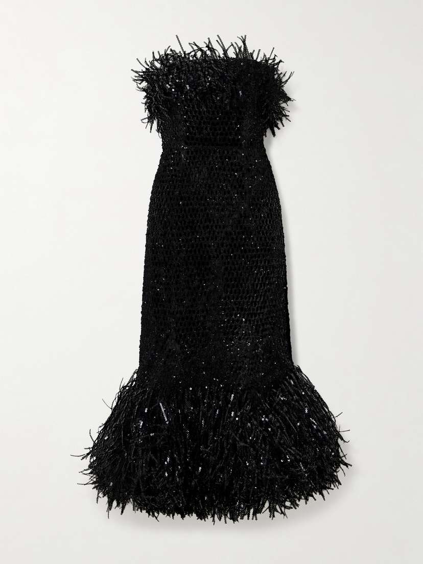 Oscar de la Renta Strapless Fringed Sequined Tulle Gown