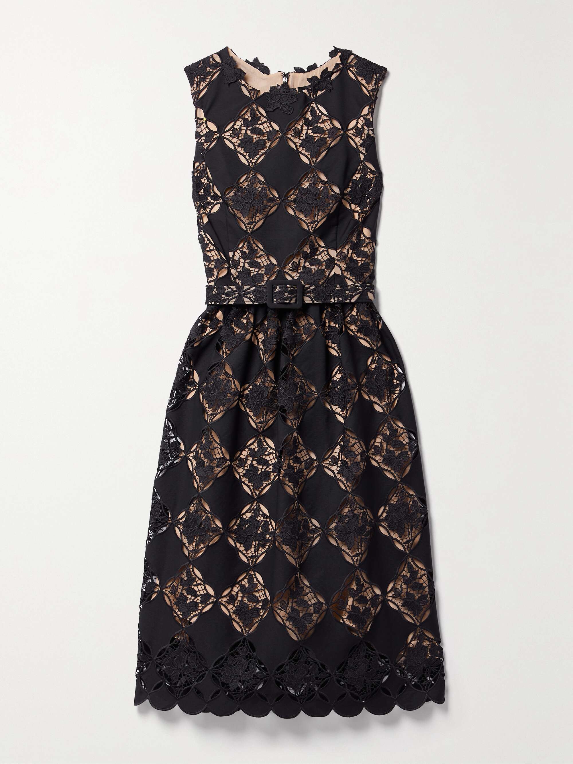 Belted guipure lace midi dress