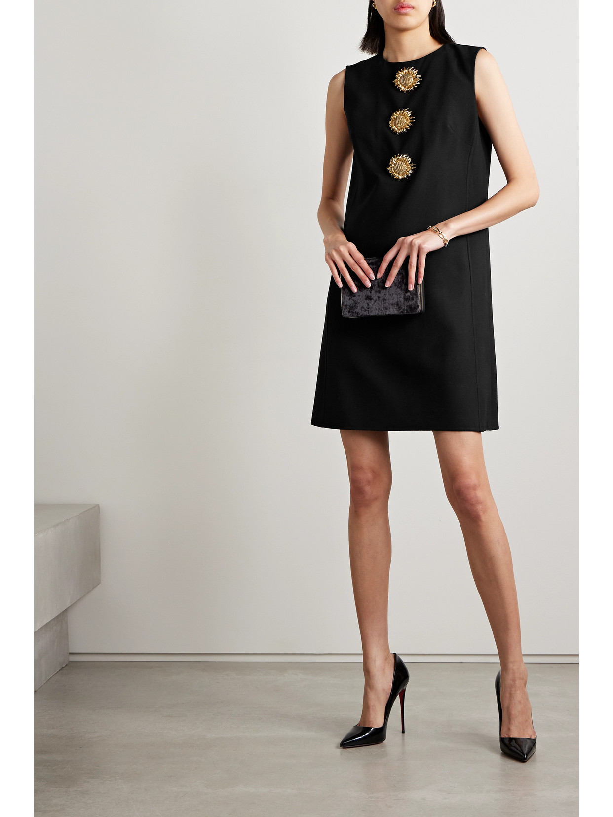 Shop Oscar De La Renta Embellished Wool-blend Mini Dress In Black