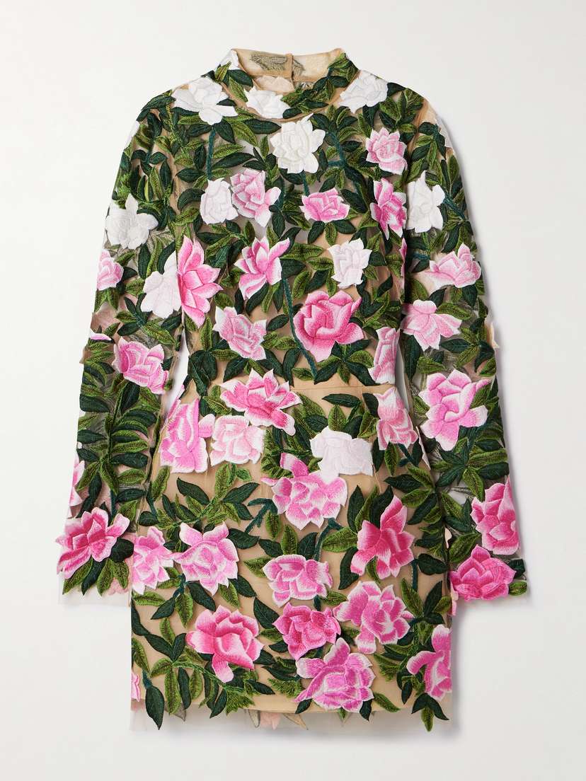 Oscar de la Renta Open-back Embroidered Tulle Mini Dress