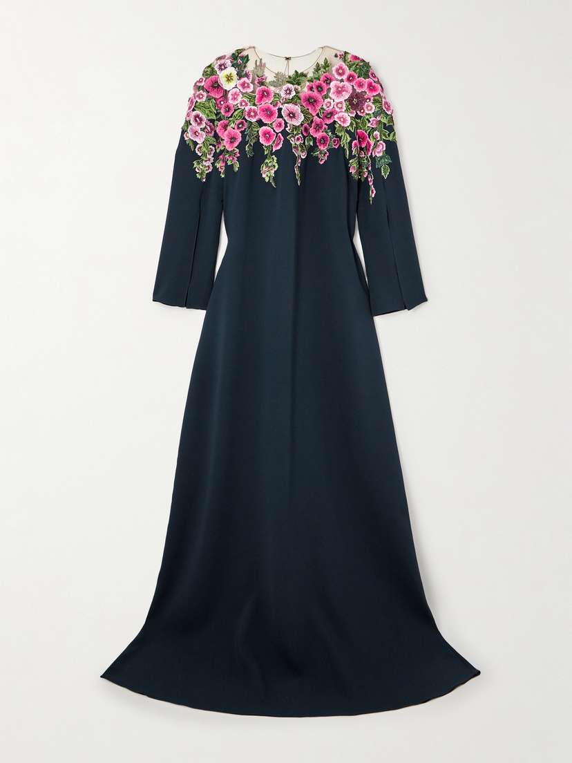 Oscar de la Renta Appliquéd Tulle-trimmed Silk-blend Gown - x large