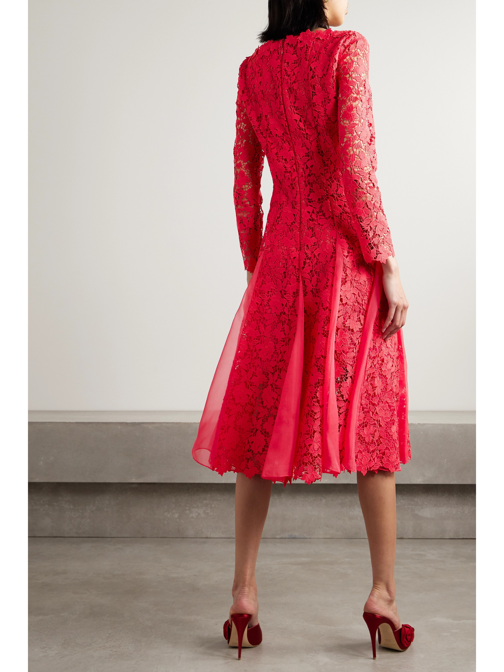Oscar de la Renta Silk-chiffon trimmed guipure lace midi dress
