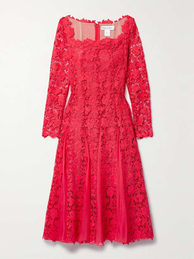 Oscar de la Renta Silk-chiffon Trimmed Guipure Lace Midi Dress